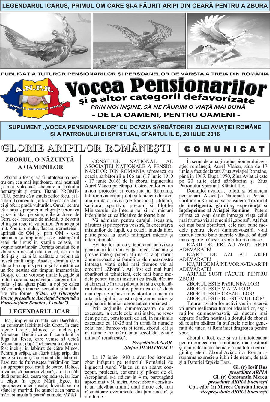 Supliment Ziarul ONG ANPR Vocea Pensionarilor luna iulie 2016