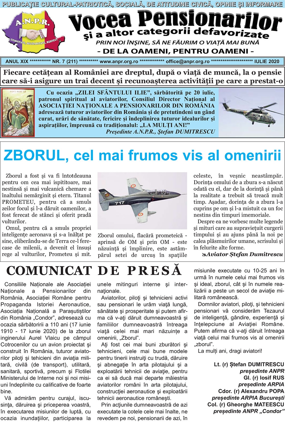 Ziarul Vocea Pensionarilor al Asociatiei Nationale a Pensionarilor din Romania luna iulie 2020
