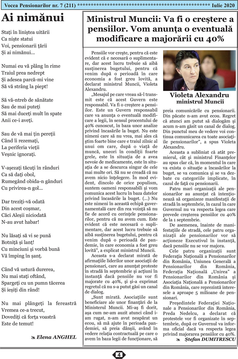 Ziarul Vocea Pensionarilor al Asociatiei Nationale a Pensionarilor din Romania luna iulie 2020